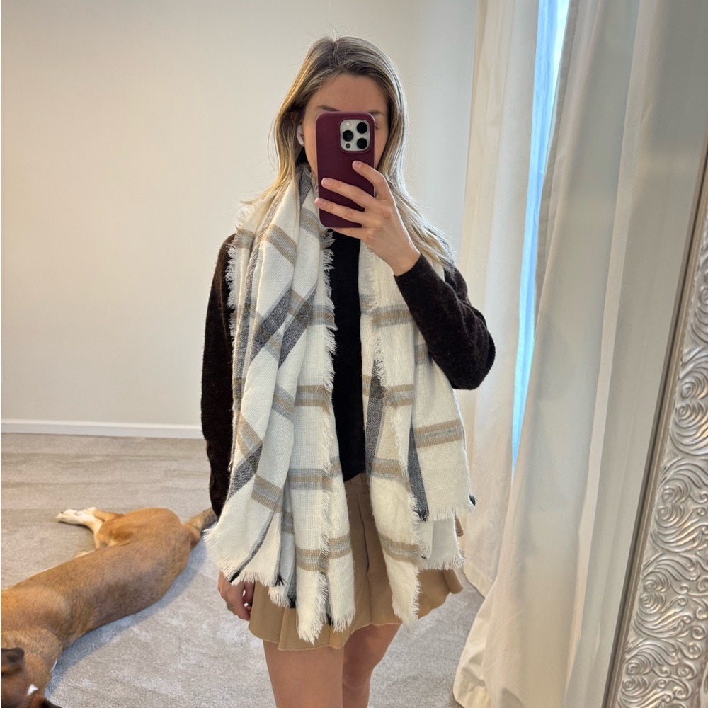 White, Gray, and Tan Plaid Scarf